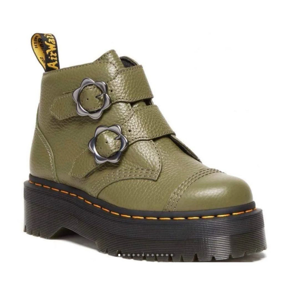 New Dr. Martens Devon Flower Buckle Platform Leather Boot - Picture 2 of 10